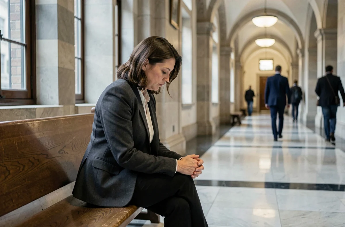 Femme assise seule dans le couloir d'un palais de justice après une décision de justice défavorable, visage pensif