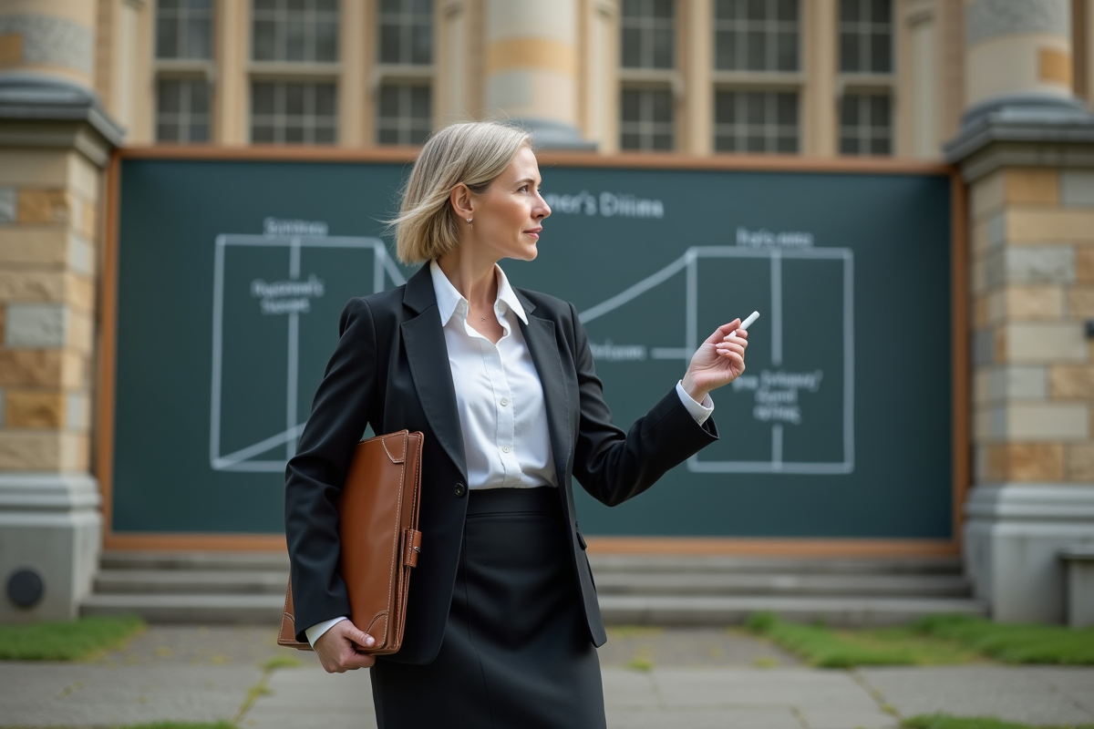 Femme enseignant le dilemme du prisonnier devant un tableau