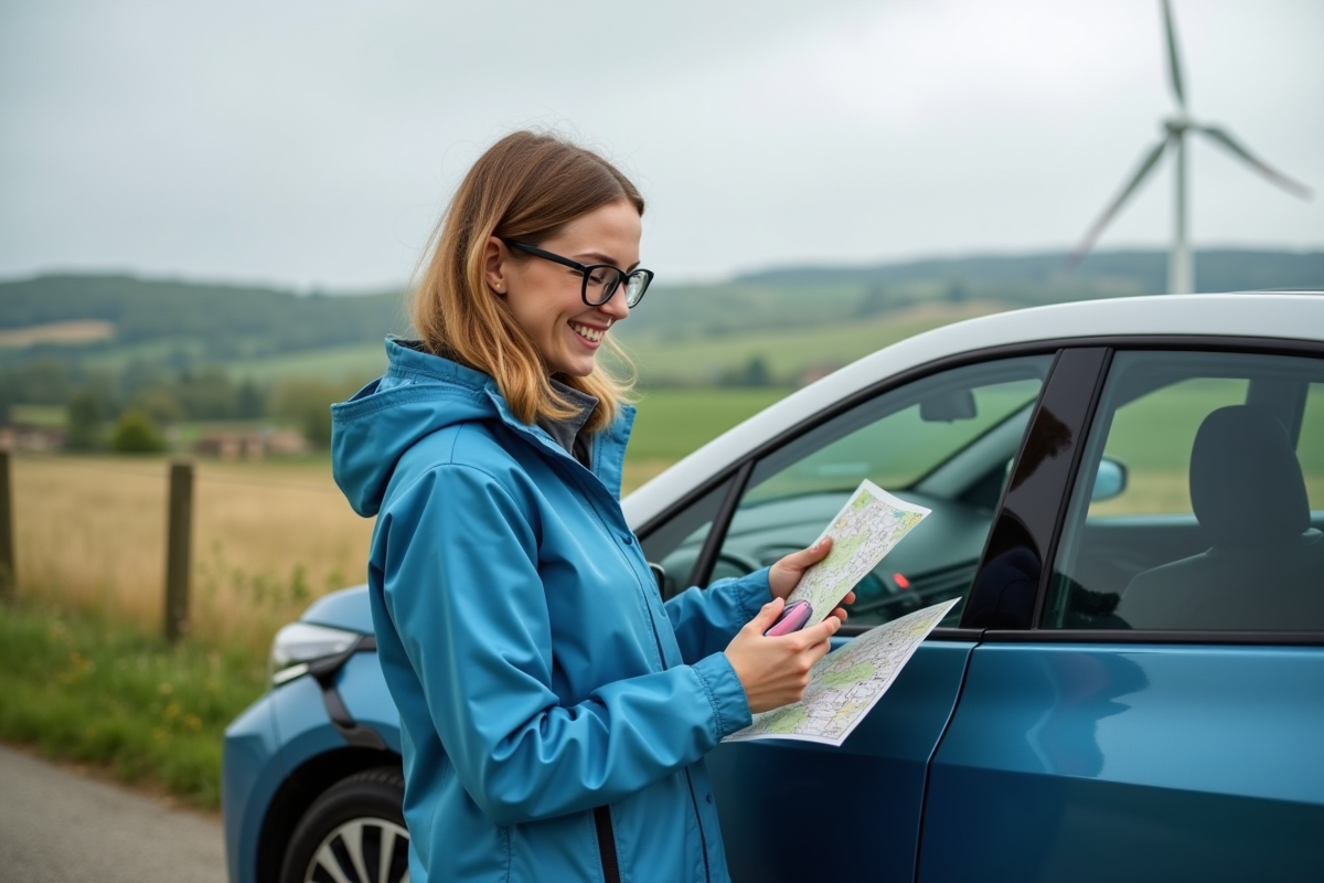 Jeune femme avec un imperméable bleu vérifiant une carte près d