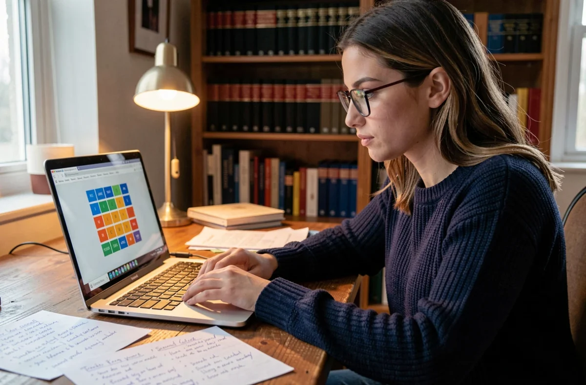 Jeune femme concentrée étudiant le jeu Pédantix sur un ordinateur portable entourée de notes et de dictionnaires
