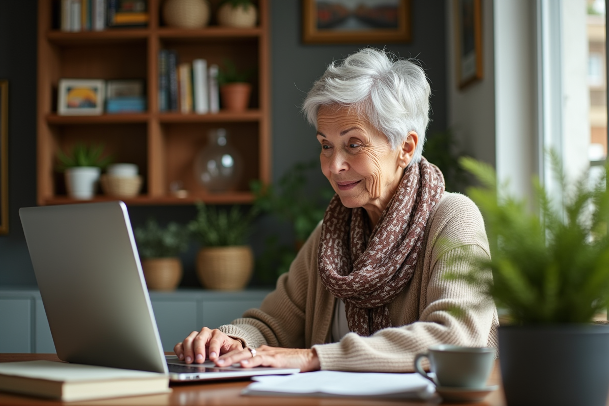 Femme âgée en vidéoconférence dans son appartement