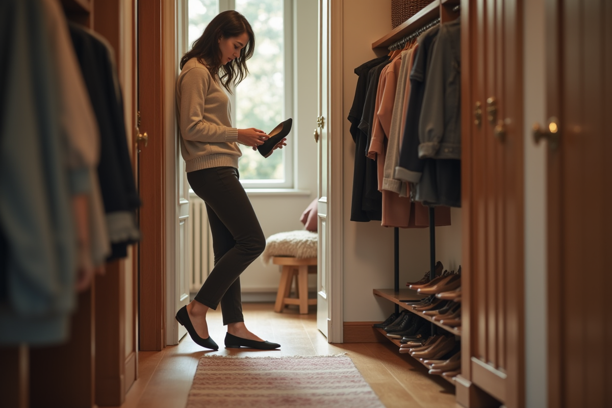 Jeune femme choisissant des chaussures dans un couloir chaleureux et accueillant