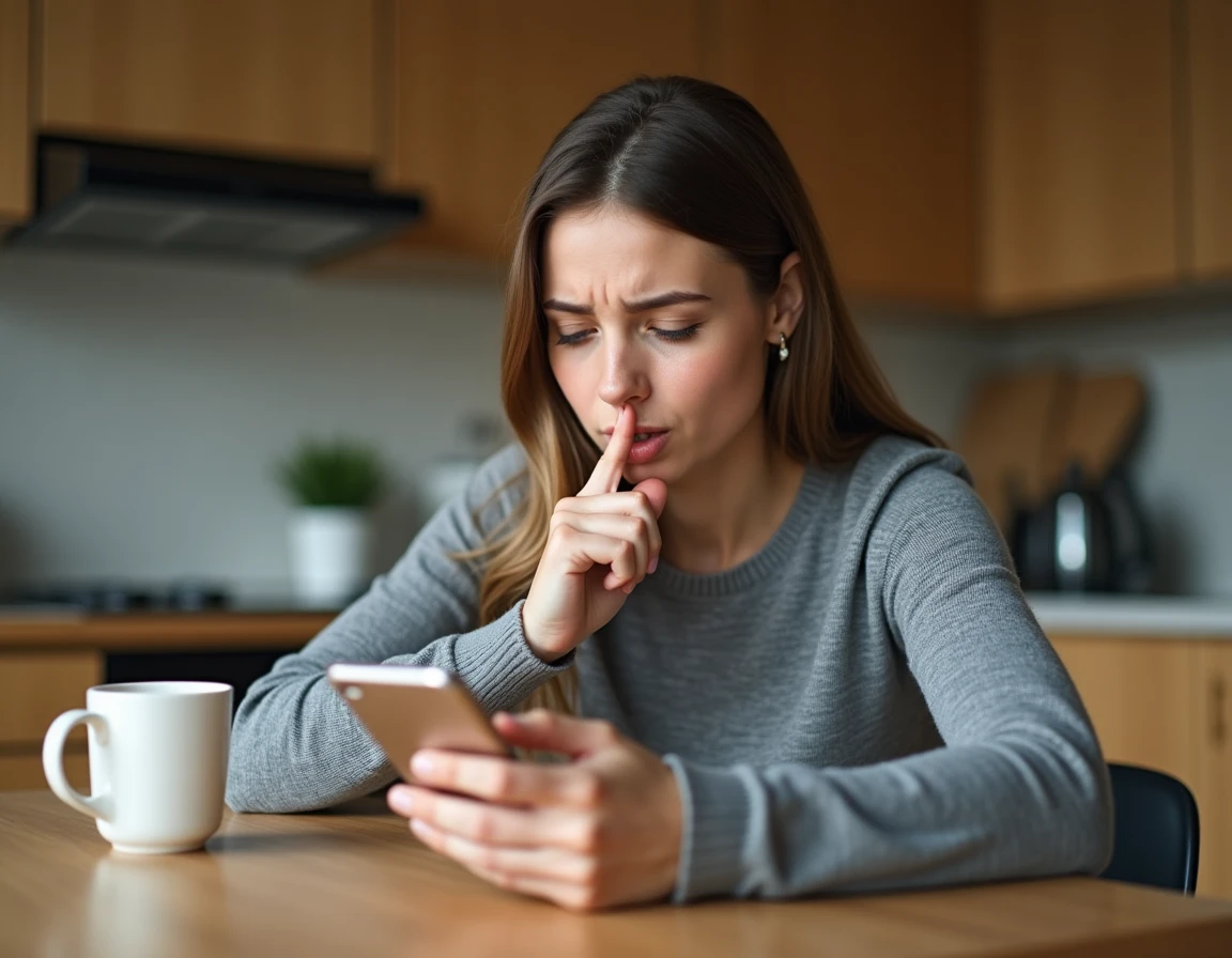 Femme inquiète regardant son smartphone Android avec des SMS bloqués dans une cuisine moderne