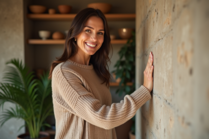 Femme souriante touchant un mur en hempcrete intérieur