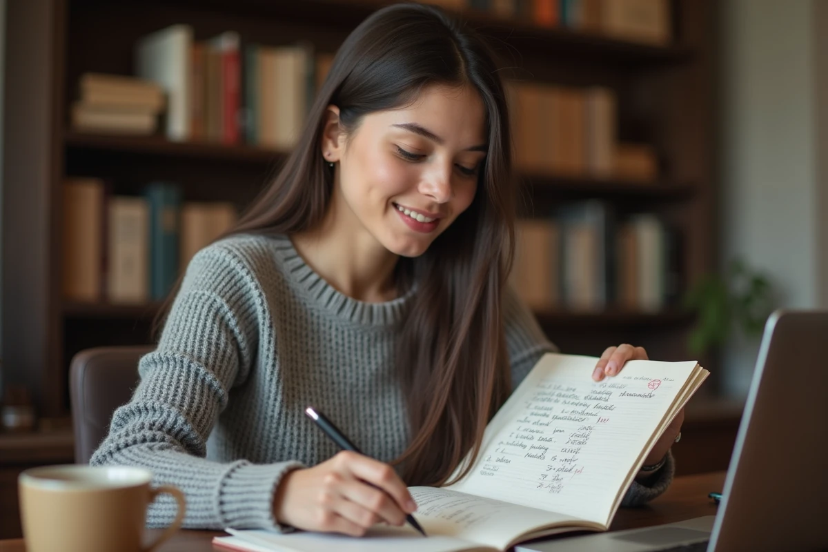 Jeune femme concentrée résolvant un jeu de mots Pédantix avec des listes manuscrites dans un carnet sur un bureau en bois