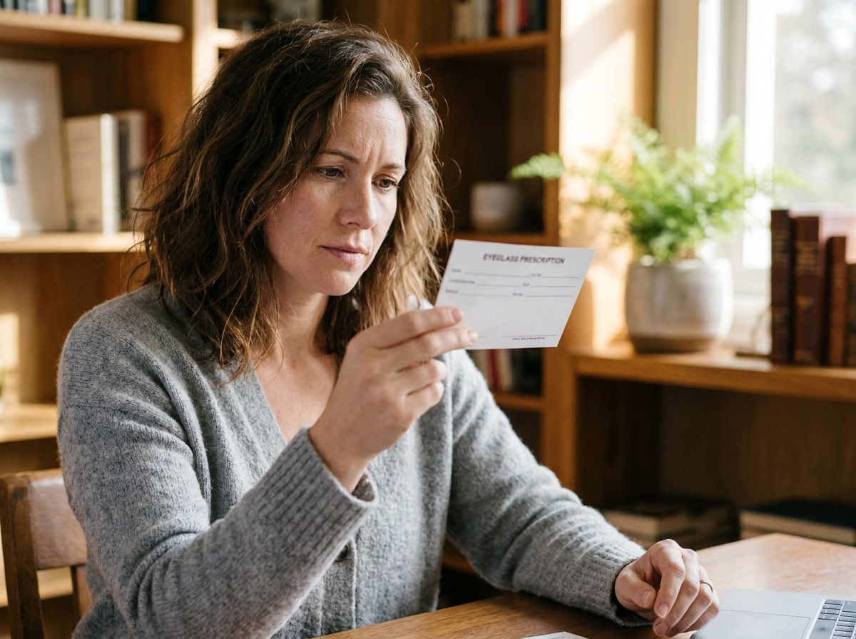 Femme lisant son ordonnance de lunettes à son bureau à domicile, illustrant la compréhension d'une correction optique