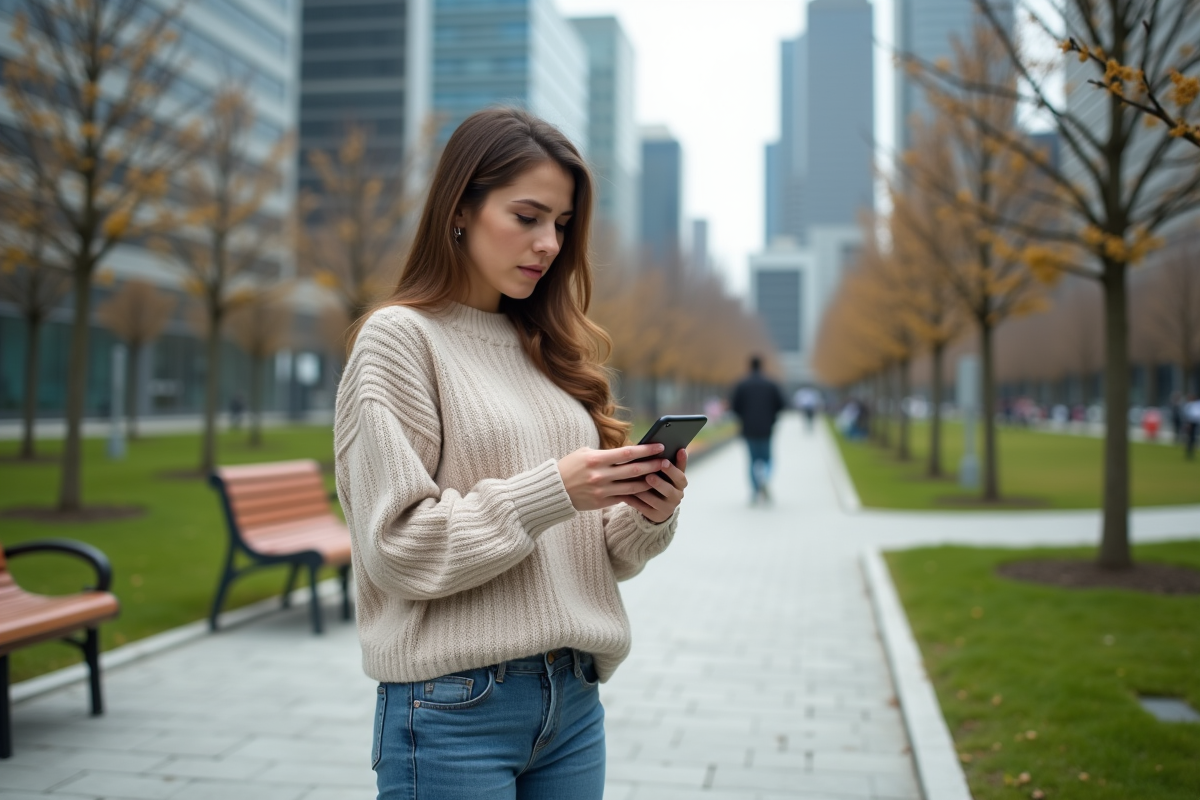 Jeune femme lisant les nouvelles financières en ville