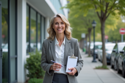 Femme d'âge moyen souriante sortant d'un laboratoire médical moderne