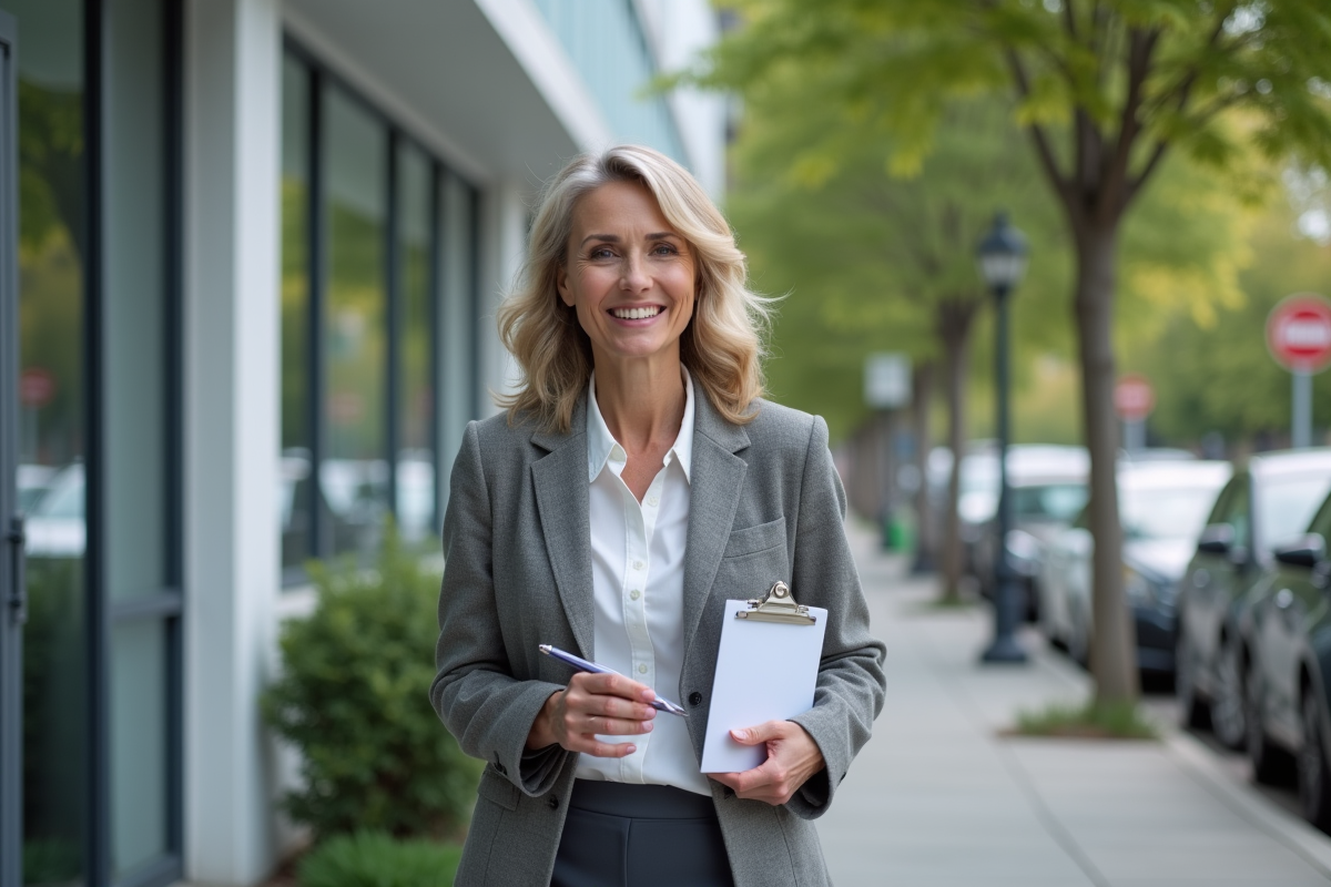 Femme d'âge moyen souriante sortant d'un laboratoire médical moderne