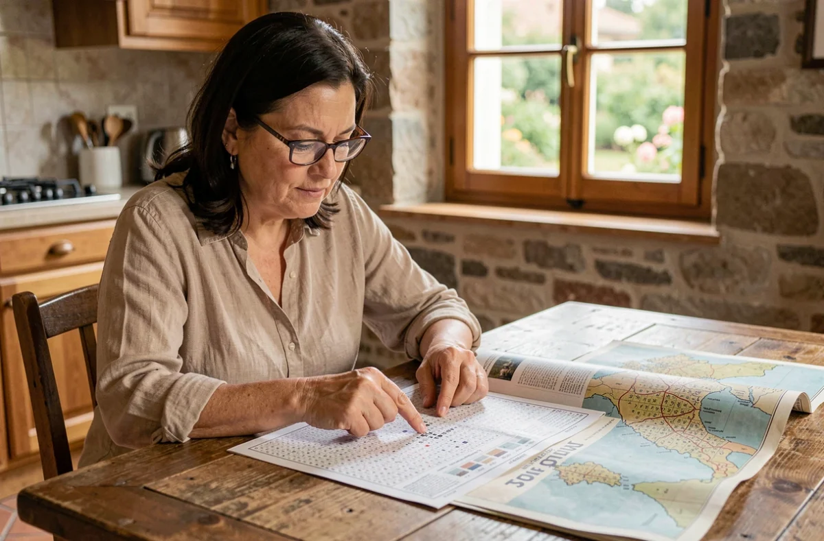 Femme résolvant un magazine de mots croisés avec une carte de l'Italie sur une table en bois