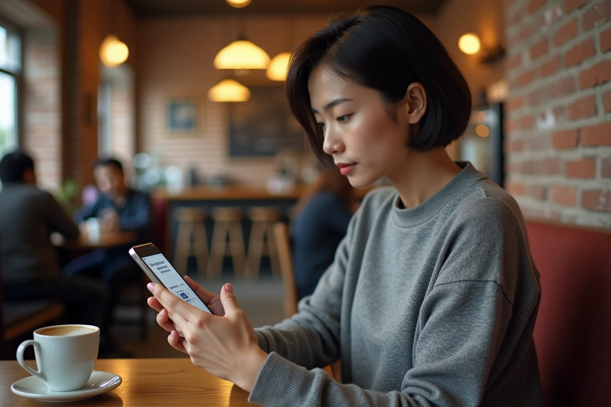Femme consultant une application de navigation privée sur smartphone dans un café, anonymat en ligne