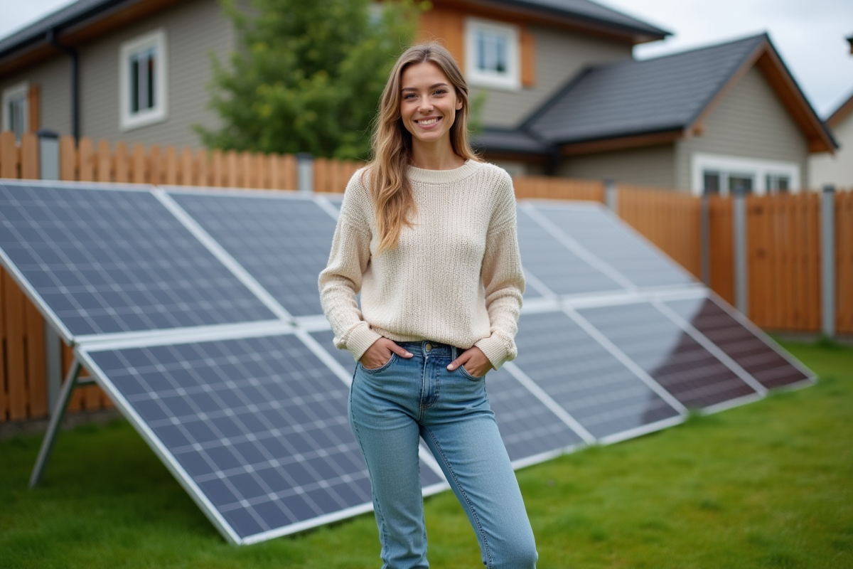 Jeune femme fiere devant ses panneaux solaires dans son jardin