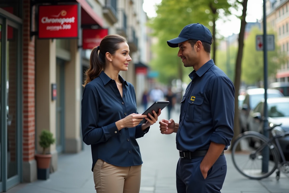 Femme professionnelle discutant livraison avec livreur en ville