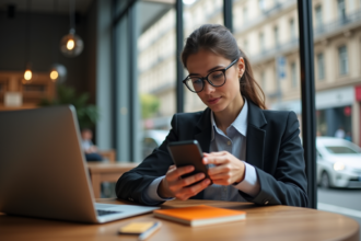 Jeune femme professionnelle vérifiant son smartphone dans un café moderne