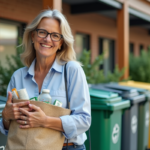 Économie circulaire : origine et histoire du concept Femme souriante avec sac de recyclables près des poubelles