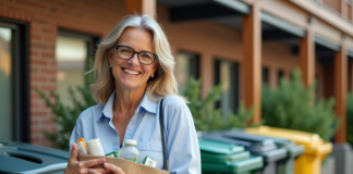 Économie circulaire : origine et histoire du concept Femme souriante avec sac de recyclables près des poubelles