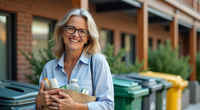Économie circulaire : origine et histoire du concept Femme souriante avec sac de recyclables près des poubelles