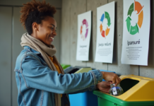 Jeune femme triant des bouteilles dans un centre urbain