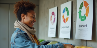 Jeune femme triant des bouteilles dans un centre urbain