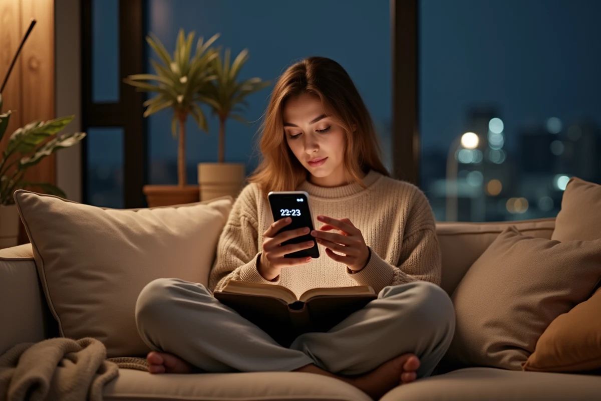 Femme assise sur un sofa contemplant une horloge digitale
