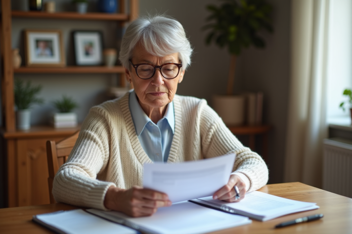 Femme d'âge moyen lisant des documents de retraite dans un intérieur chaleureux