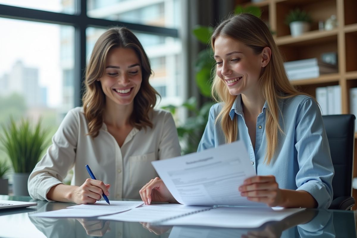 Femme souriante examine des documents immobiliers en bureau