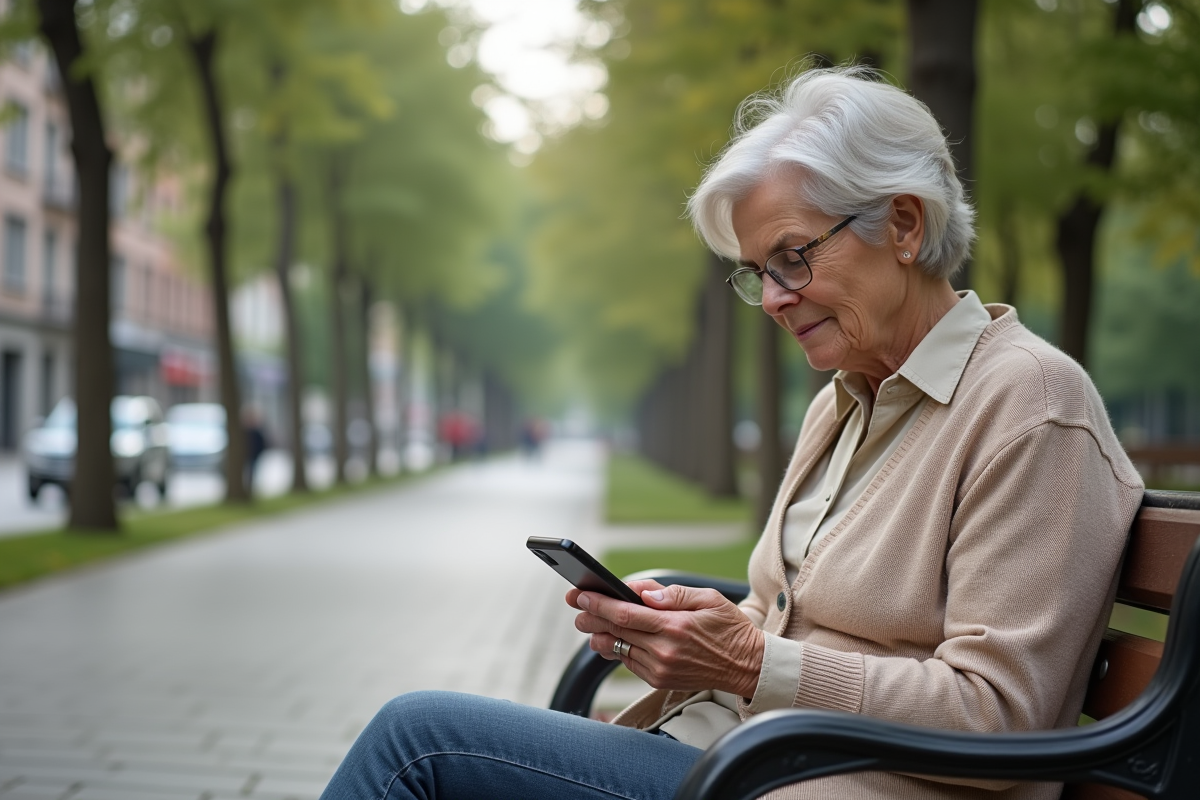 Femme âgée assise sur un banc utilisant son smartphone dans un parc