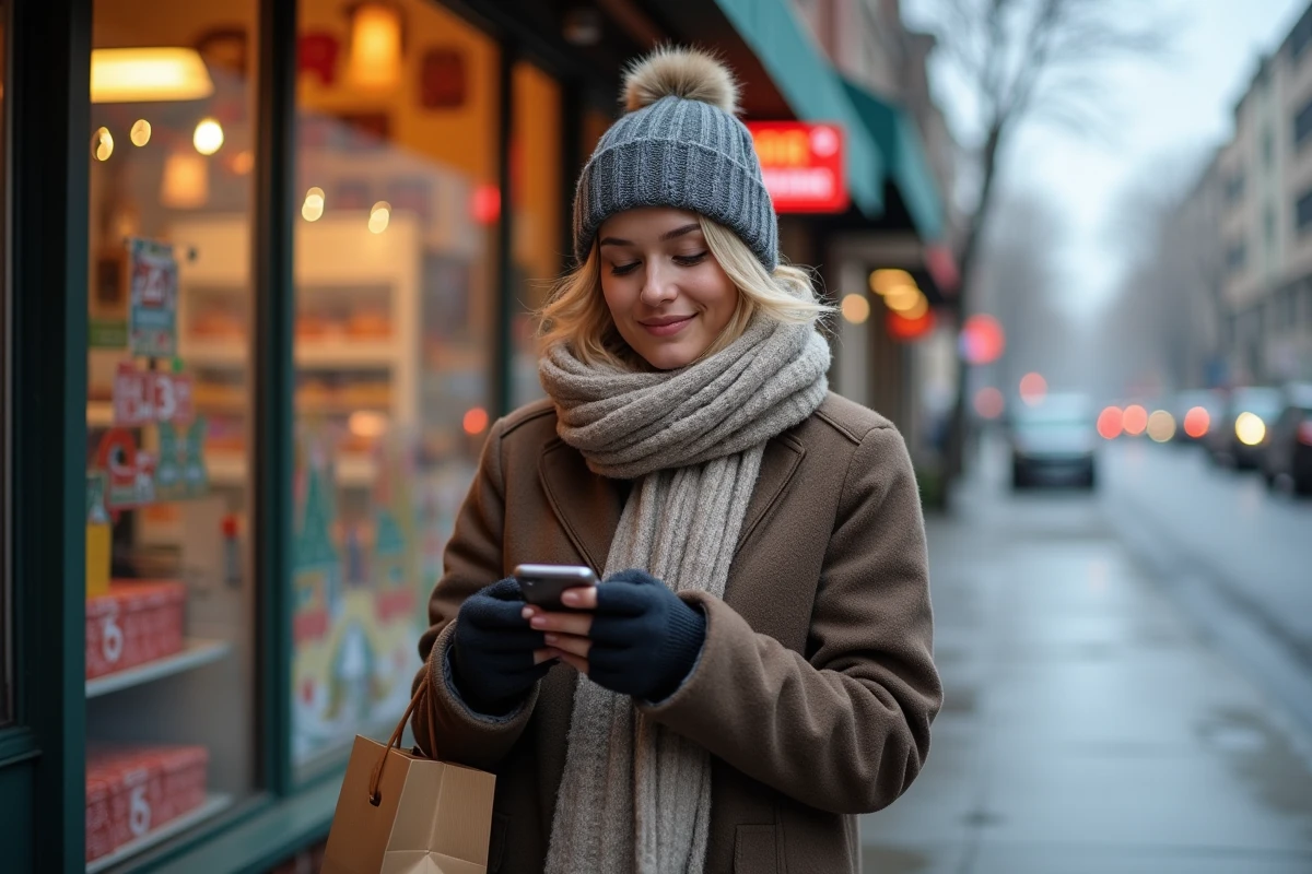 Jeune femme regardant son smartphone devant un magasin