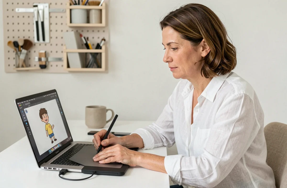 Femme assise dans un studio minimaliste utilisant une tablette graphique pour suivre un tutoriel numérique de dessin de personnage cartoon