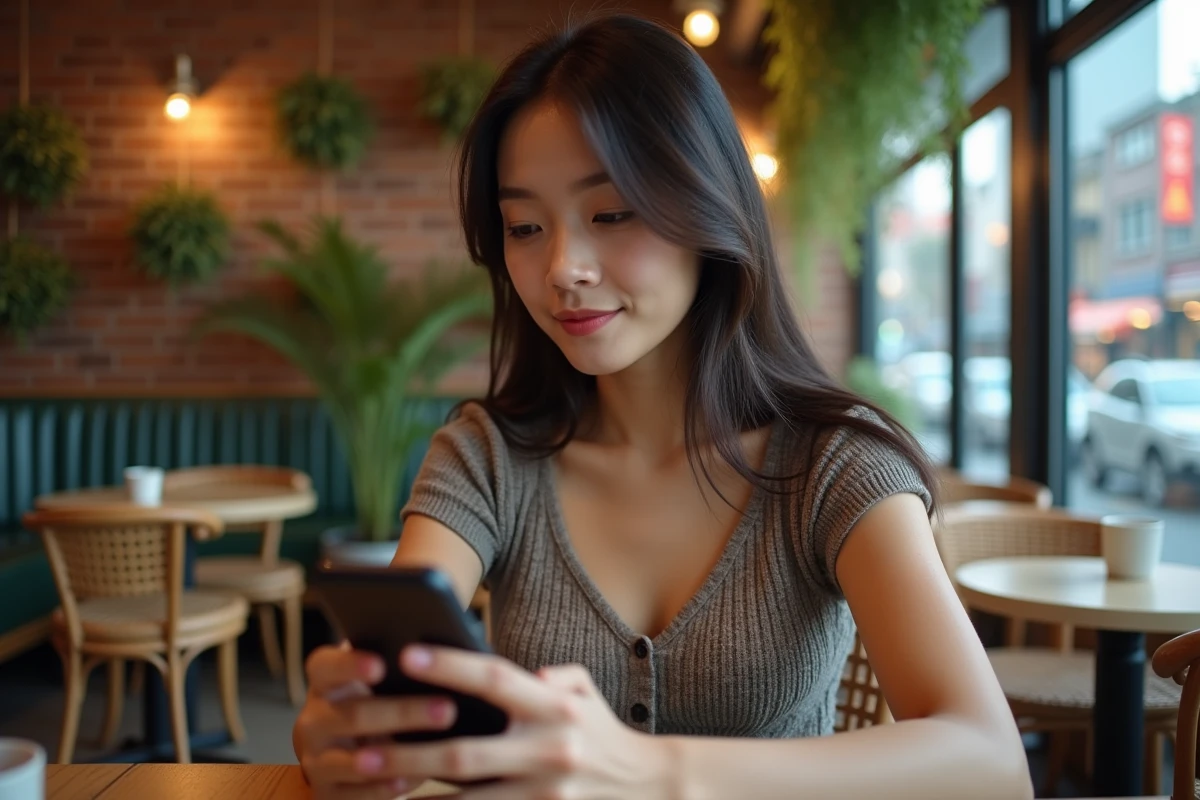 Femme thaïlandaise évaluant un casino mobile avec des slots thaïlandais dans un café branché de Bangkok