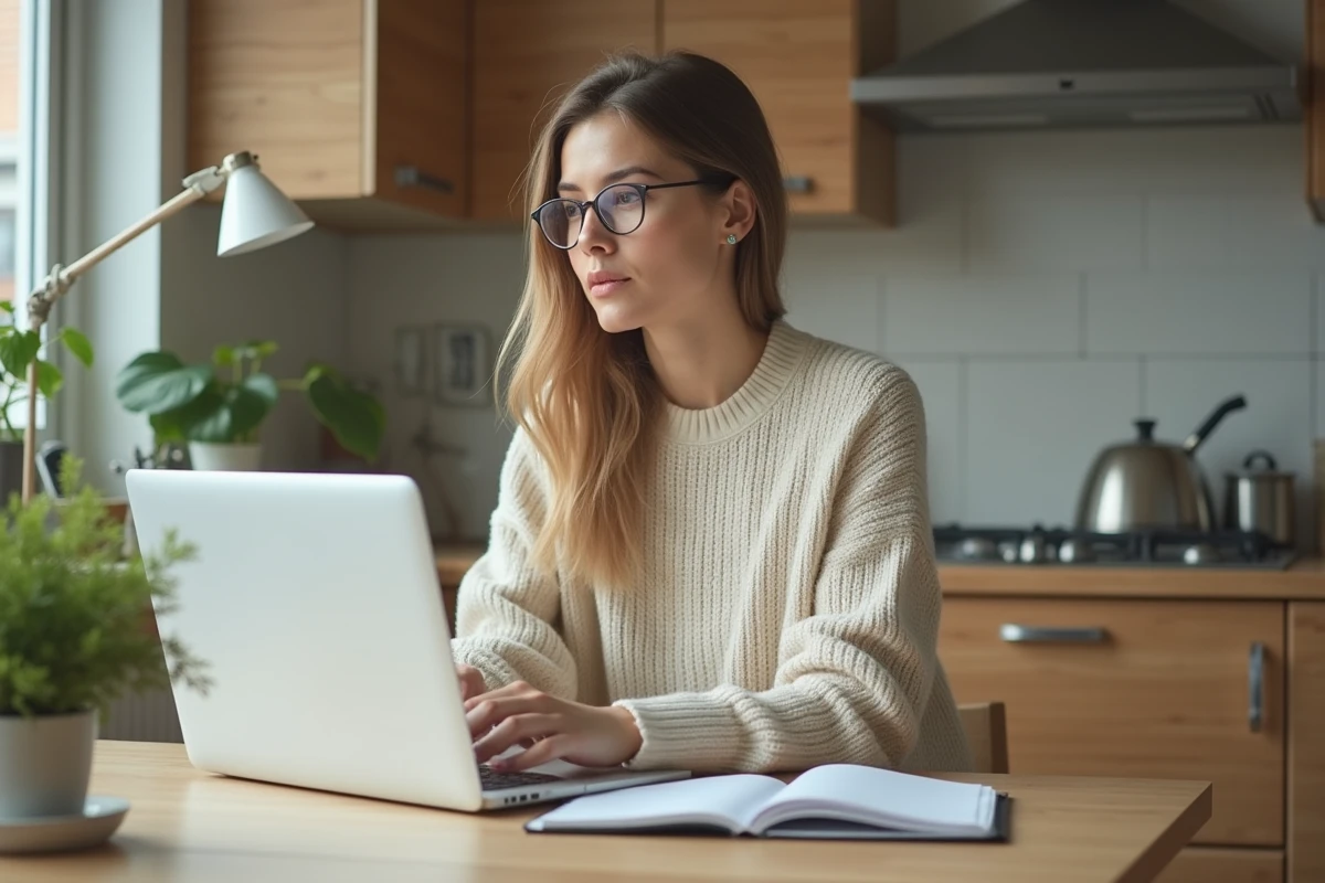 Femme concentrée travaillant à la cuisine avec ordinateur