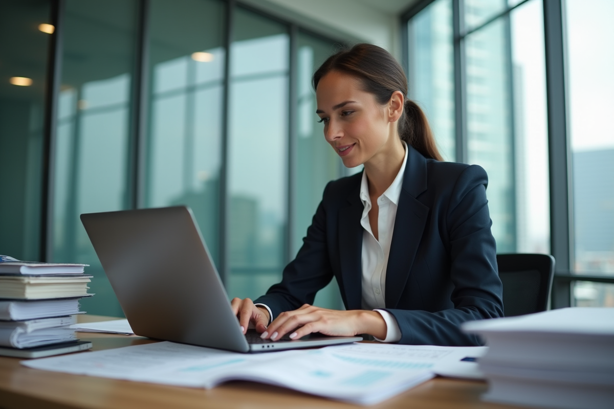 Femme professionnelle tapant des chiffres de location sur son ordinateur