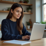 Contrôle de l’activité en télétravail : conseils et bonnes pratiques pour les salariés Jeune femme en casual travaillant sur son ordinateur à la maison