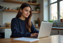Contrôle de l’activité en télétravail : conseils et bonnes pratiques pour les salariés Jeune femme en casual travaillant sur son ordinateur à la maison