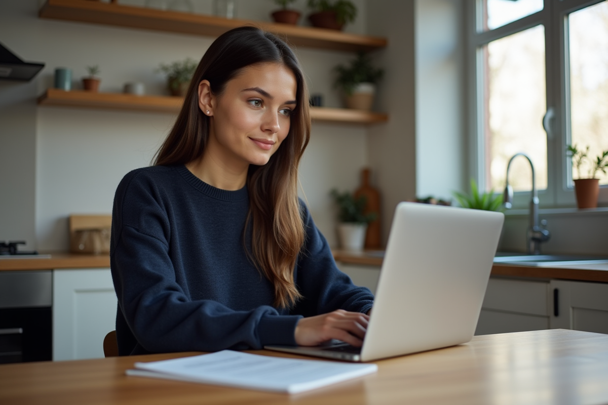 Jeune femme en casual travaillant sur son ordinateur à la maison