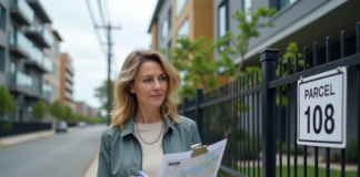 Femme d affaires examine une carte immobiliere en plein air