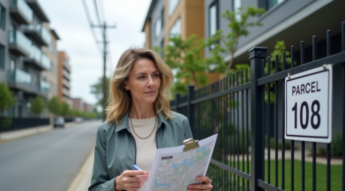 Zone urbaine : savoir identifier une parcelle, les critères à confirmer ! Femme d affaires examine une carte immobiliere en plein air