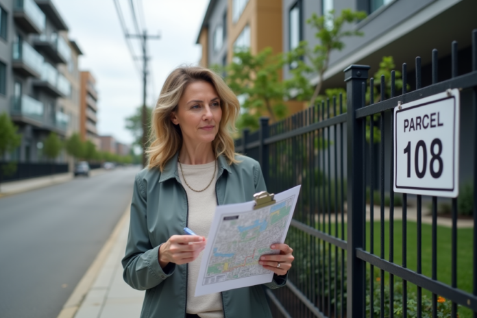 femme-urbanite-examen-carte-immobilier Femme d affaires examine une carte immobiliere en plein air