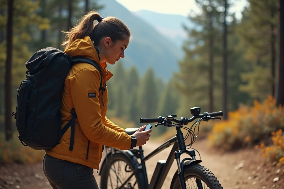 Jeune femme en randonnée vérifiant la batterie électrique en forêt