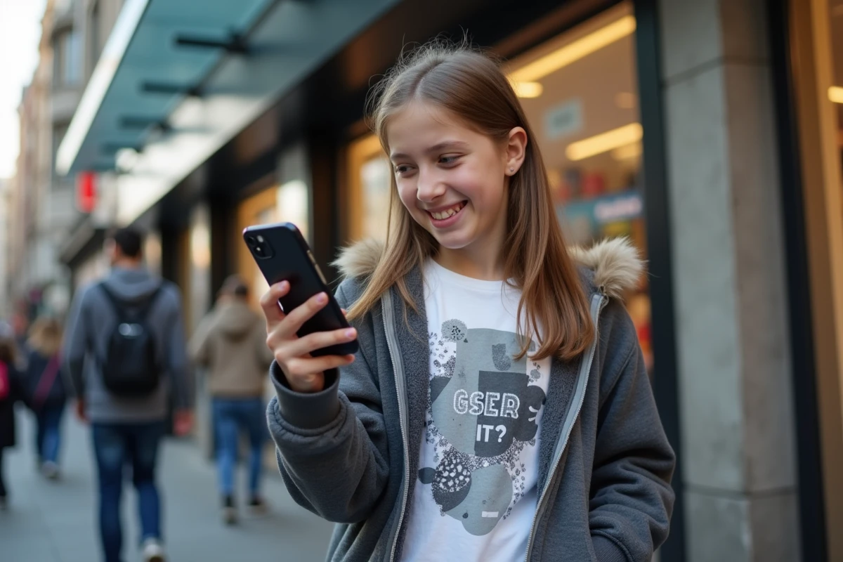 Adolescente dans la rue regardant son smartphone avec un sourire