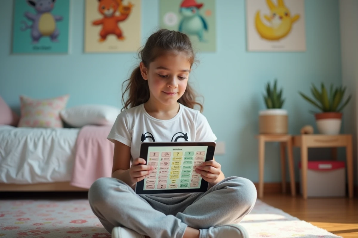 Adolescente étudiant un tableau des types Pokémon sur tablette pour comprendre les faiblesses du type Dragon