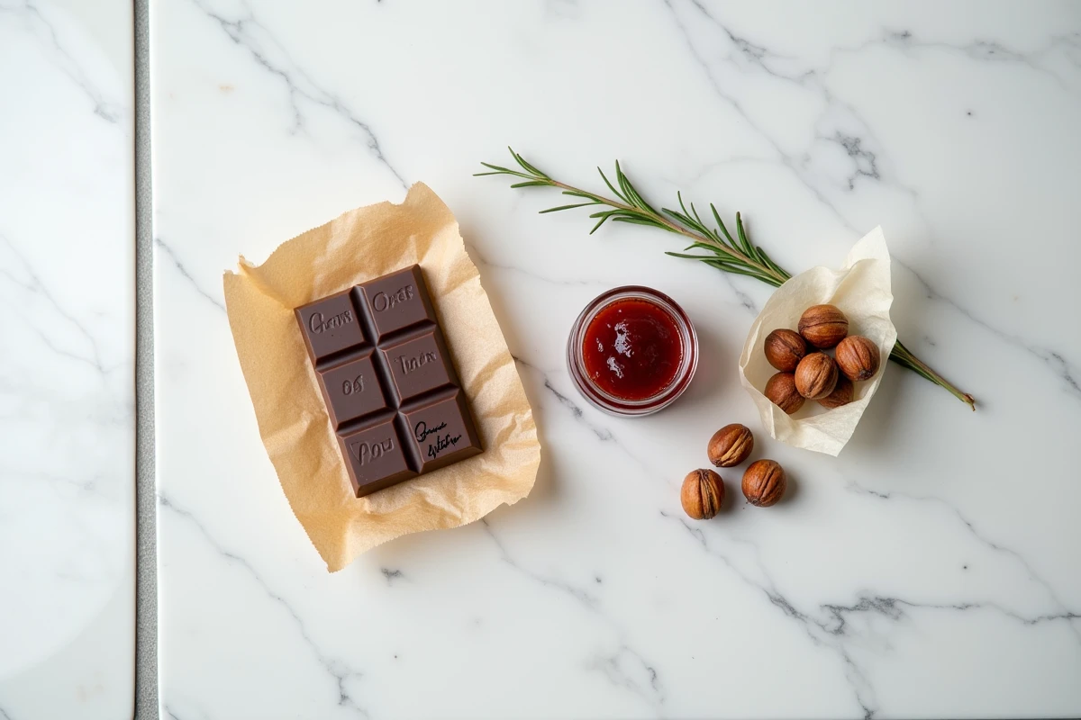 Flat lay de cadeaux gourmands féminins à 5 euros sur marbre, avec chocolat artisanal, confiture framboise et noisettes caramélisées