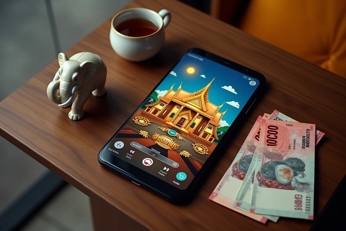 Vue aérienne d'un smartphone avec des slots thaïlandais, des billets en baht et une figurine d'éléphant sur une table en teck