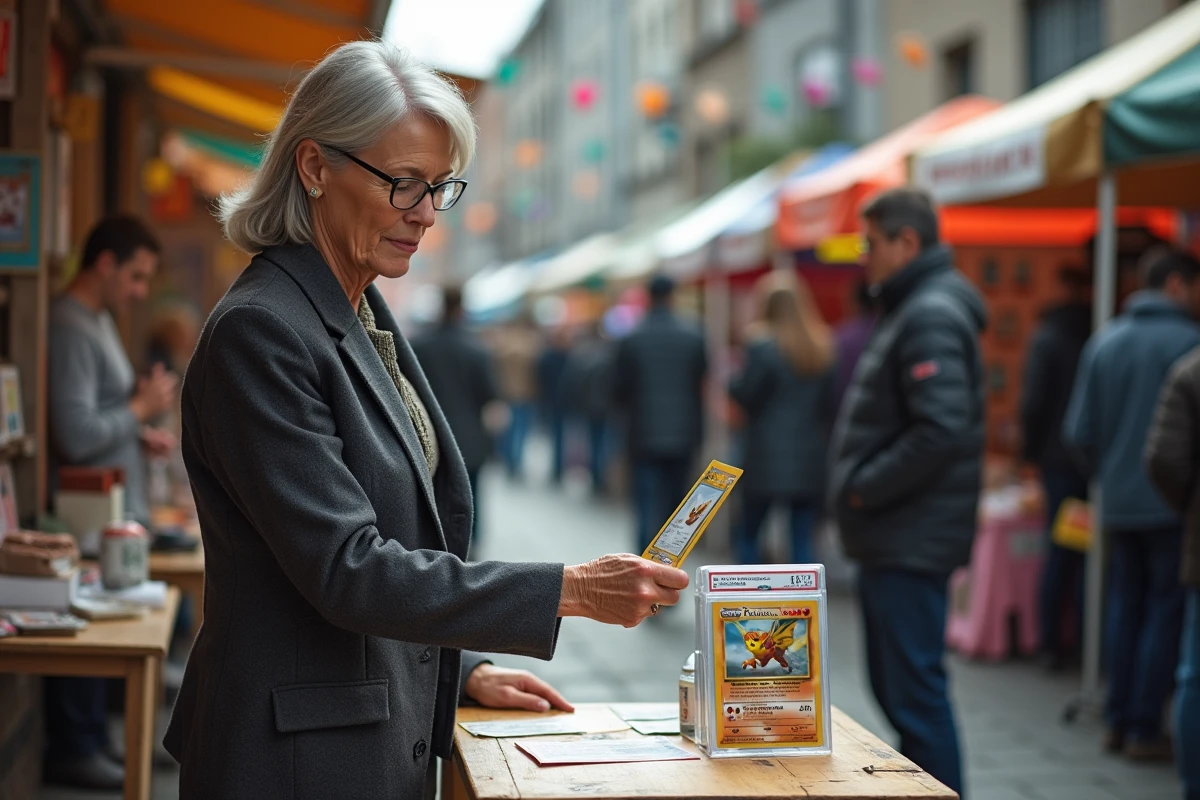 Femme montrant une carte Pokémon dans un marché animé