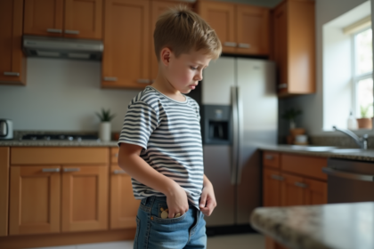 Garçon de 9 ans glissant des pièces dans sa poche dans la cuisine