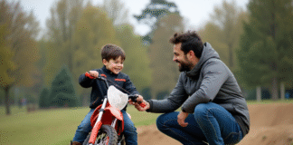 Garçon de 8 ans souriant en équipement motocross près d'une moto