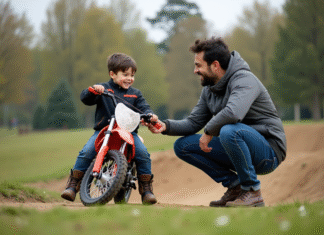 Garçon de 8 ans souriant en équipement motocross près d'une moto