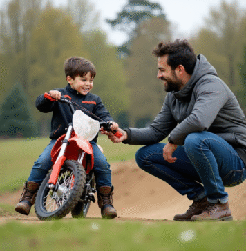 Comment choisir la piwi moto idéale pour votre enfant Garçon de 8 ans souriant en équipement motocross près d'une moto