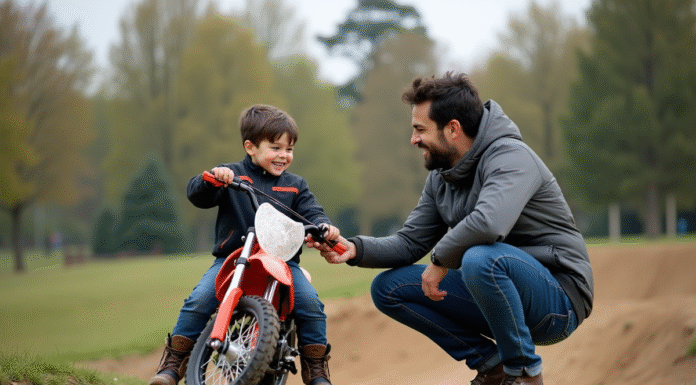 Comment choisir la piwi moto idéale pour votre enfant Garçon de 8 ans souriant en équipement motocross près d'une moto