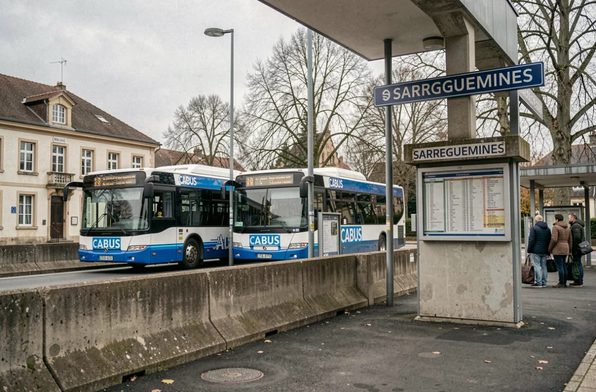 Gare routière de Sarreguemines avec bus CABUS et panneau d'affichage des horaires